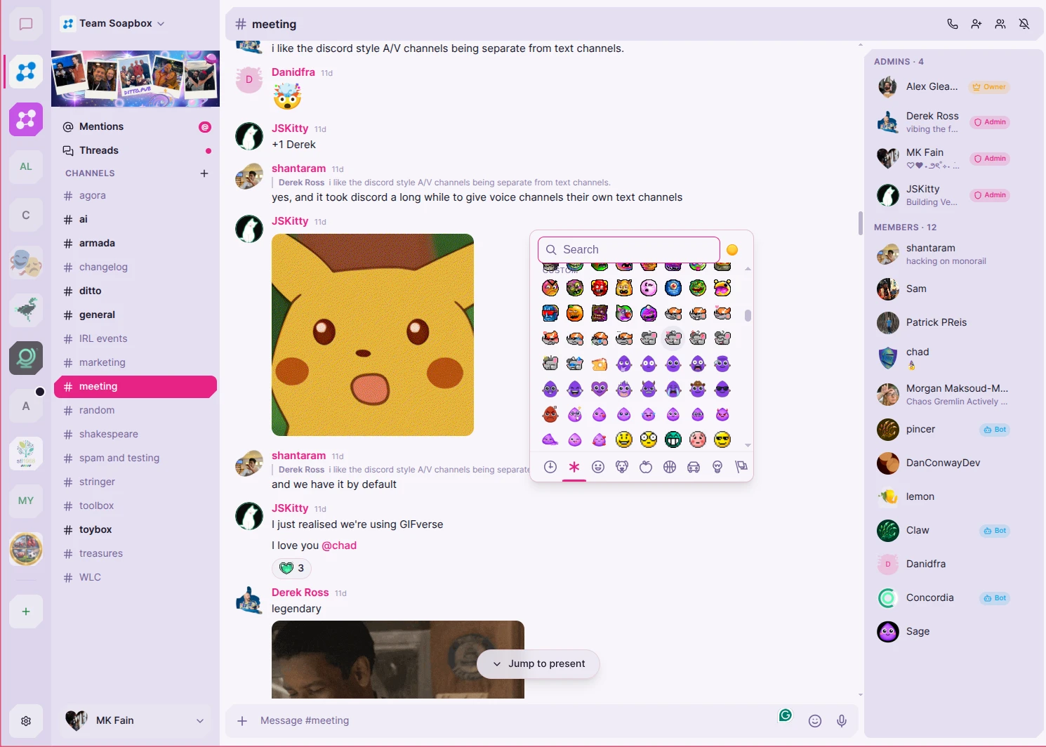 Armada community chat on Nostr with channels, emoji reactions, and a member list